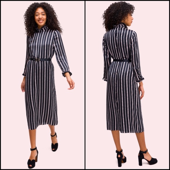 Kate Spade 100% Silk Pearl Strands Print High Ruffle Neck Snap Midi Dress - Picture 2 of 12